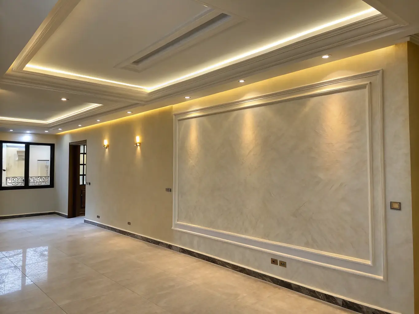 A freshly plastered wall with a smooth, even surface, ready for painting or decorating, highlighting the quality of the plastering work.