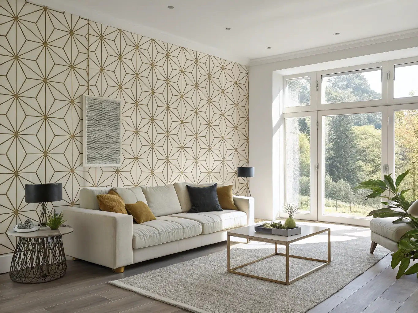 A professionally wallpapered living room with a modern geometric pattern, showcasing the seamless application and stylish design.